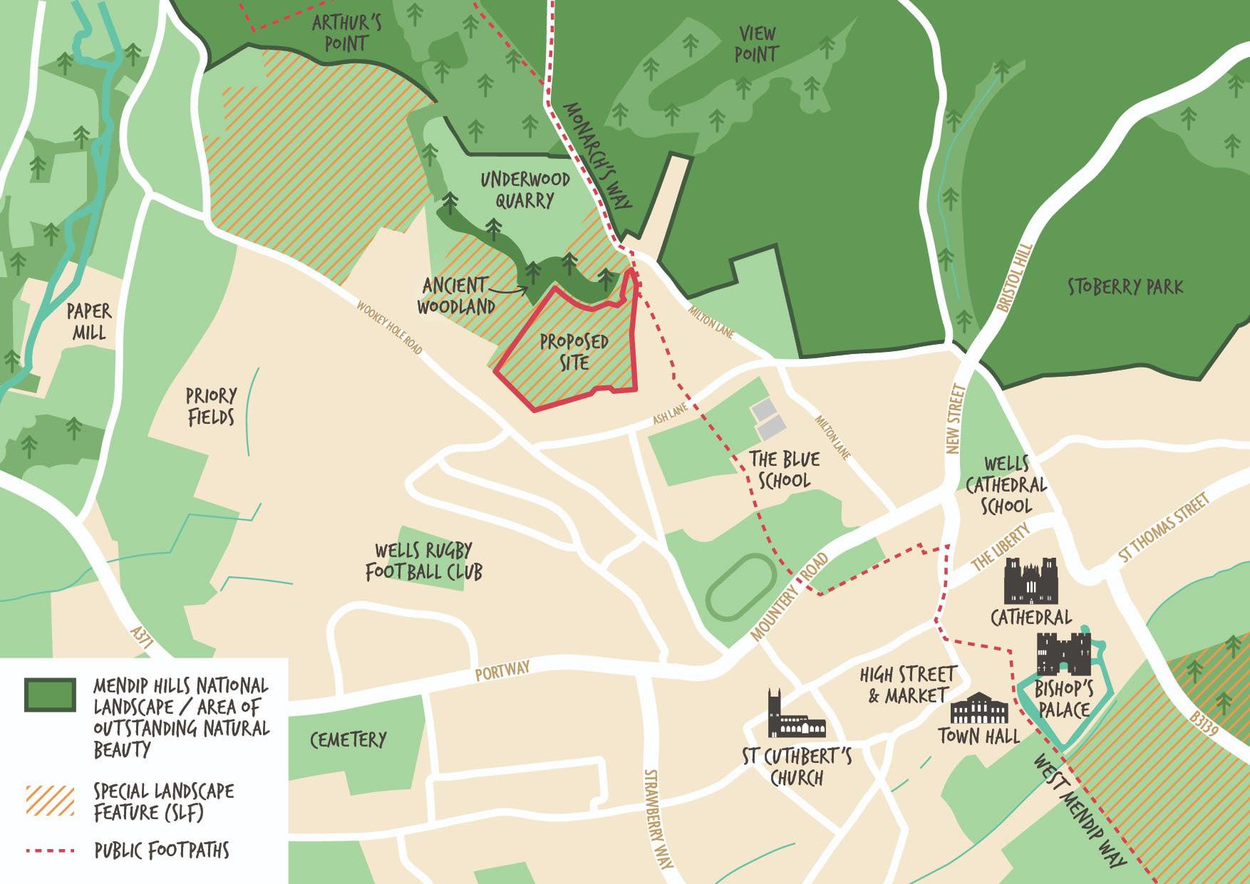Map showing the proposed site in relation to Wells Cathedral, ancient woodland, Mendip Hills National Landscape, and other key features